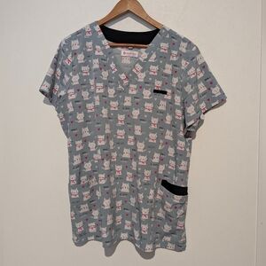 Womens Cats Print Scrub Top L Lightweight Stretch Pink Gray White Cross Exc